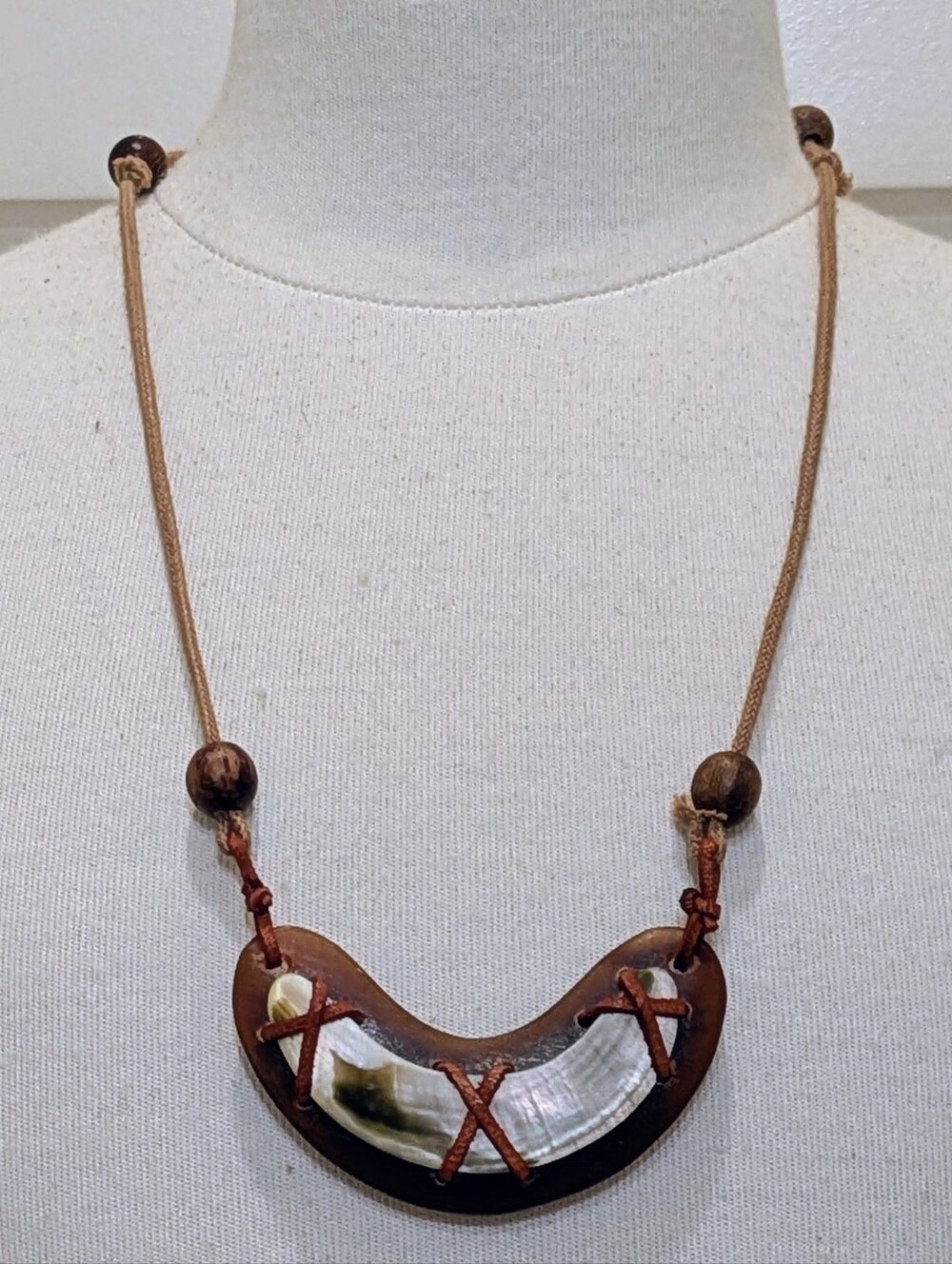 EUC 70s Handmade Rope Necklace with Wooden Beads and Horn or Tusk Centerpiece